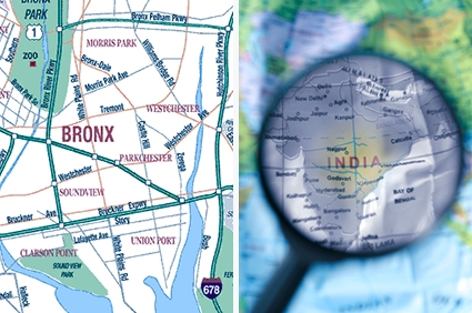 Side by side maps of The Bronx and India