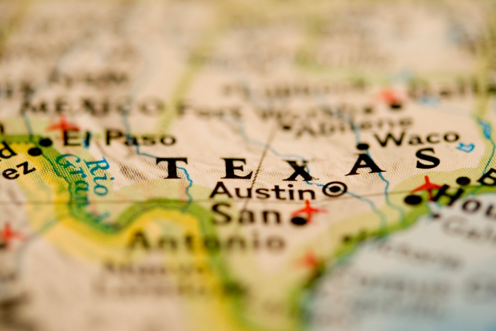 Map of Texas with focus on Austin