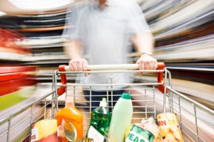Speedy trip through supermarket creates major motion blur on shelves