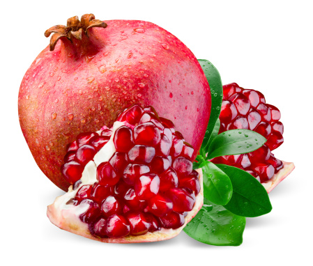 Pomegranate with seeds displayed. Isolated on a white background.
